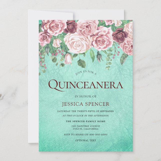 Invitation de la fête de la Quinceanera turquoise  (Devant)