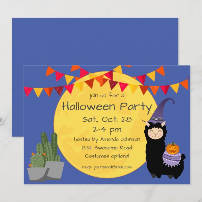 Invitation de la fête de Llama Halloween (Devant / Derrière)