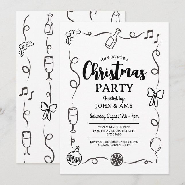 Invitation de la fête de Noël main tiré Monochrome (Devant / Derrière)