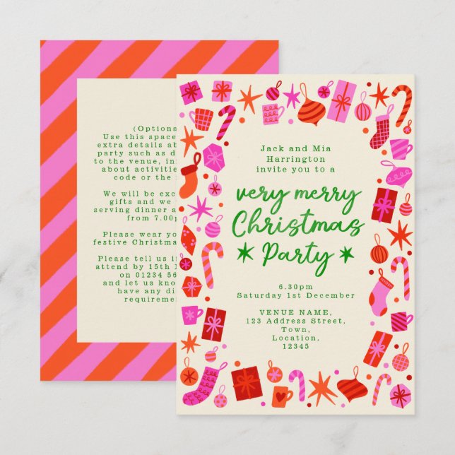 Invitation de la fête de Noël rose et rouge (Devant / Derrière)