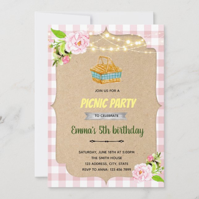 Invitation de la fête de pique-nique rose (Devant)