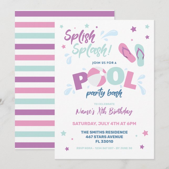 Invitation de la fête de piscine rose (Devant / Derrière)