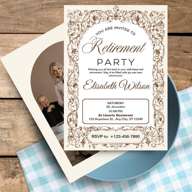 Invitation de la fête de retraite avec photo : Élé (Retirement Party Invitation with Photo: Elegant, Simple, and Classic)