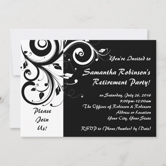 Invitation de la fête de retraite Black+White Vine (Devant)