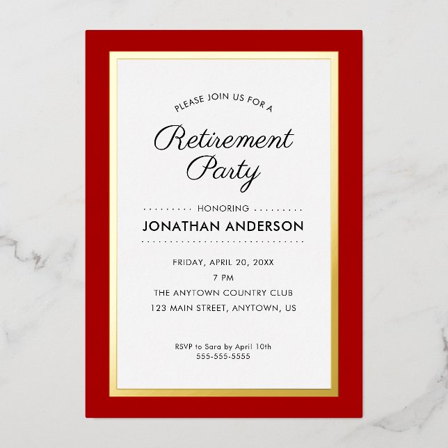 Invitation de la fête de retraite Red et Gold Foil (Recto)