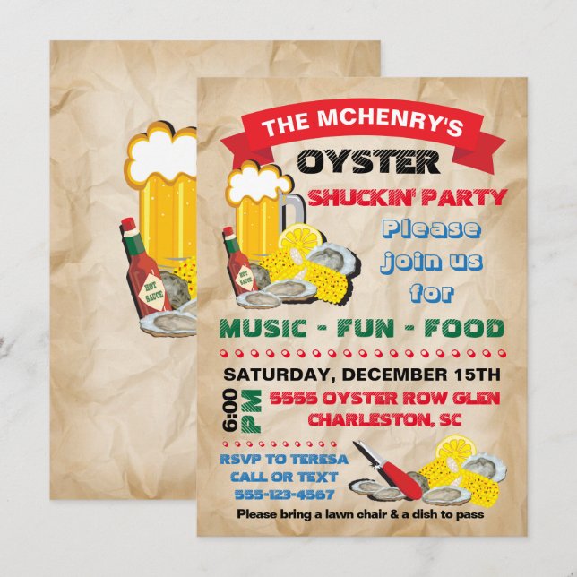Invitation de la fête de Shucking Oyster (Devant / Derrière)
