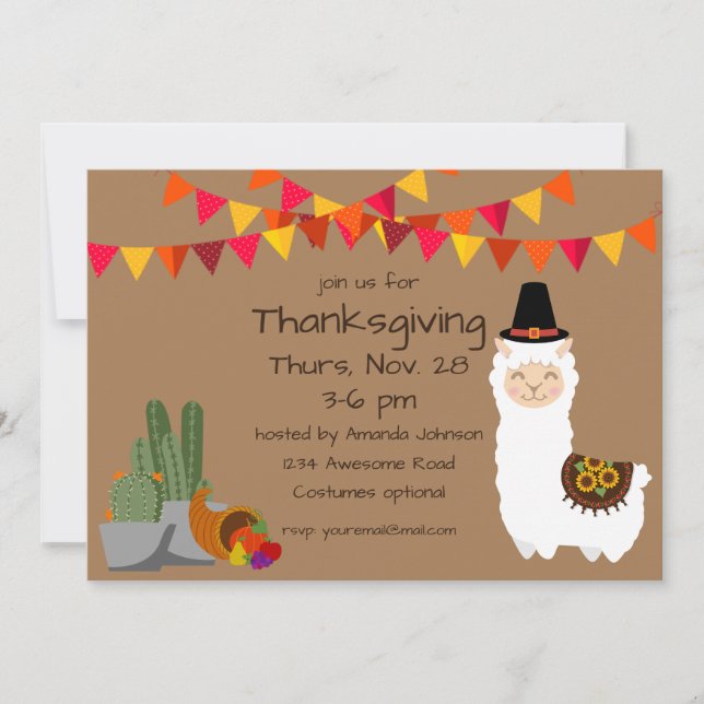 Invitation de la fête de Thanksgiving Llama (Devant)