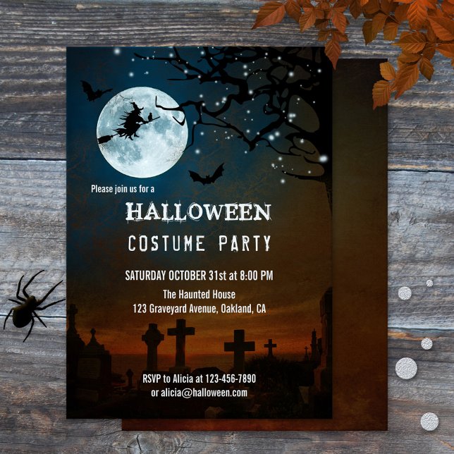 Invitation de la fête des lumières d'Halloween (Halloween party invitation featuring a spooky graveyard at full moon with a witch flying on a broom)