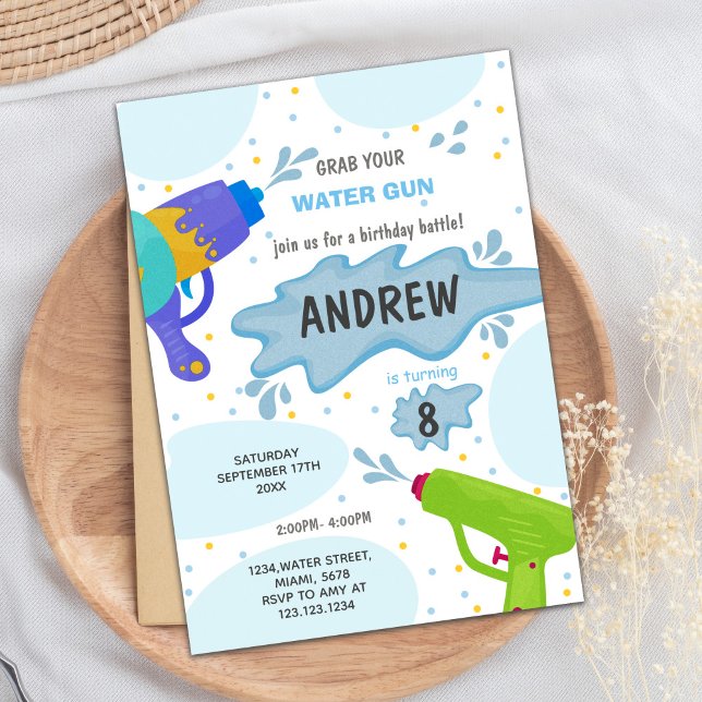 Invitation de la fête d'été modifiable (Blue Green Water Gun Birthday Invitations)