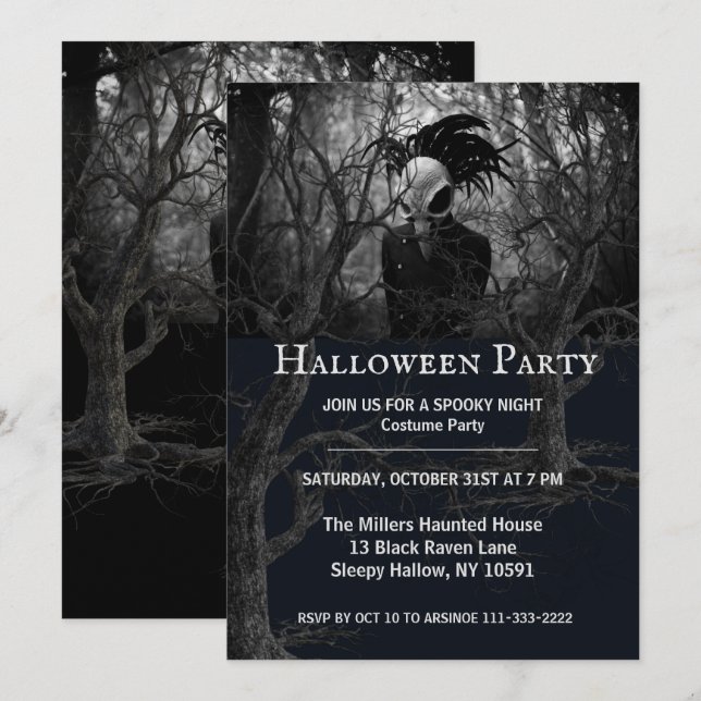 Invitation de la fête d'Halloween à crâne d'oiseau (Devant / Derrière)