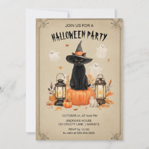 Invitation de la fête d'Halloween Chat noir enchan