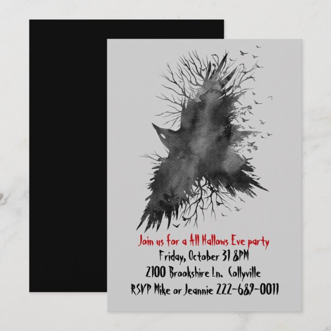 Invitation de la fête d'Halloween du Corbeau noir (Devant / Derrière)