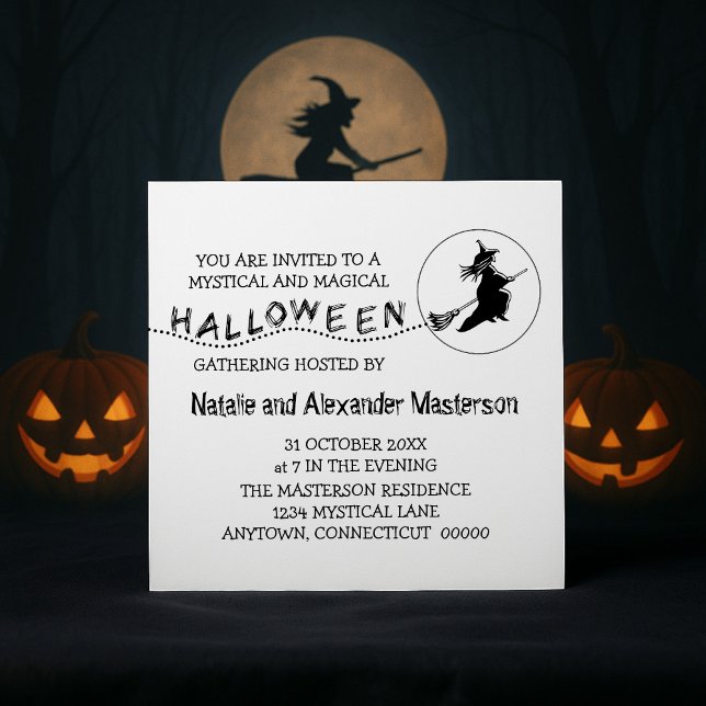 Invitation de la fête d'Halloween en sorcière vola (White Flying Witch Halloween Party Invite)
