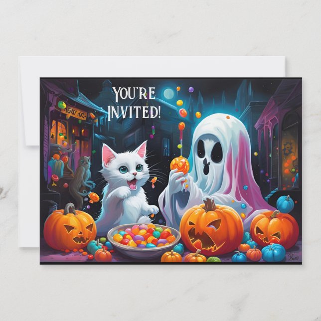 Invitation de la fête d'Halloween Ghost et Kitten (Devant)