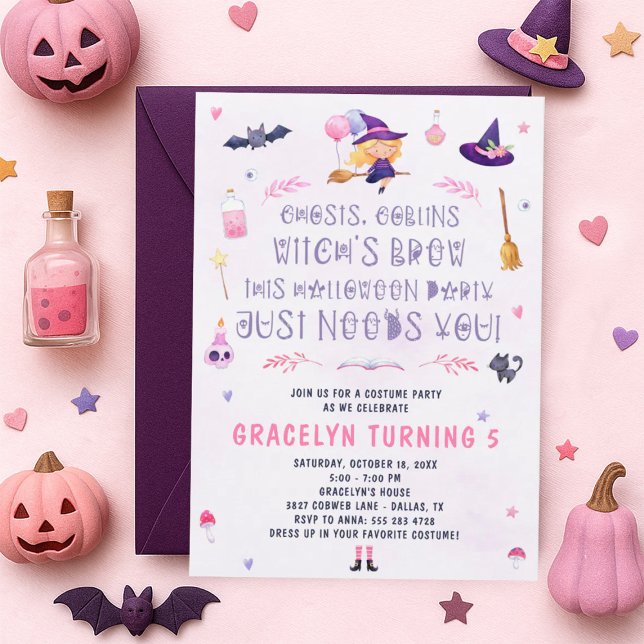 Invitation de la fête d'Halloween sorcière rose (Créateur téléchargé)
