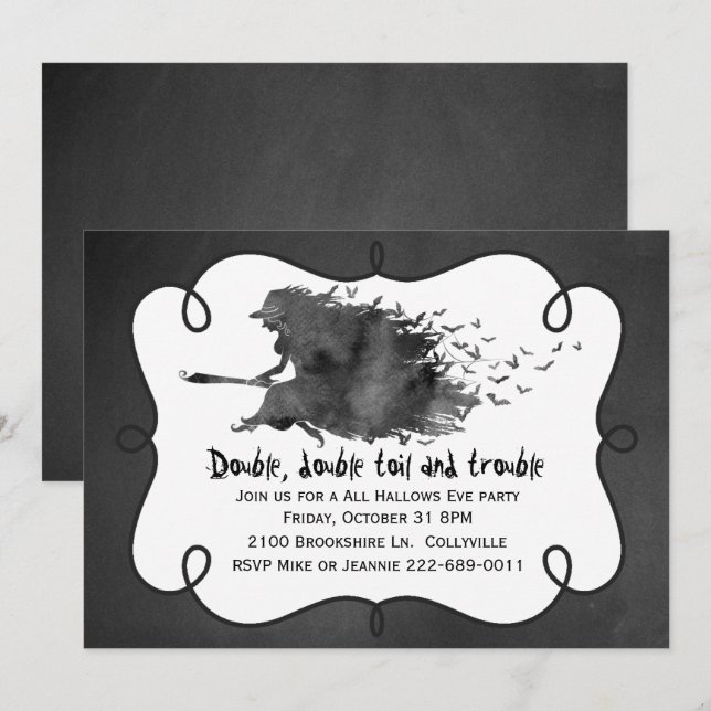 Invitation de la fête d'Halloween Sorcière volant (Devant / Derrière)