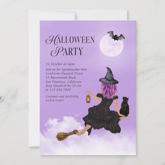 Invitation de la fête d'Halloween Sorcière volant (Devant)