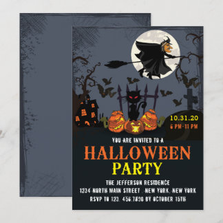Invitation de la fête d'Halloween Sorcière volant