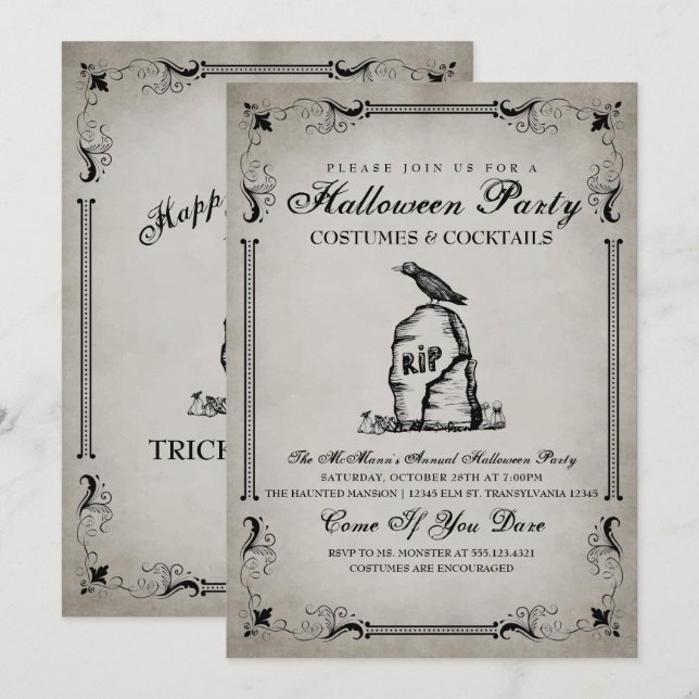 Invitation de la fête d'Halloween vintage (Devant / Derrière)