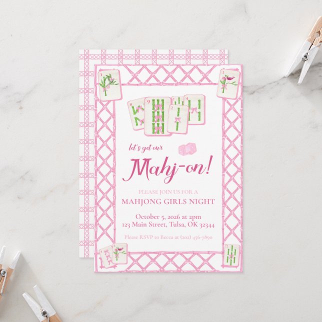 Invitation de la fête du Mahjong, coquette rose ve (Devant/Arrière en situation)