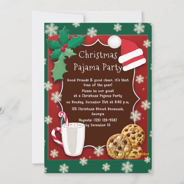 Invitation de la fête du pyjama de Noël Vert et ro (Devant)