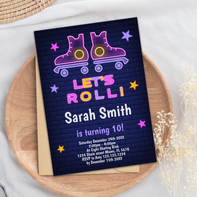 Invitation de la fête du Roller (Neon Pink Purple Skating Birthday Invitations)