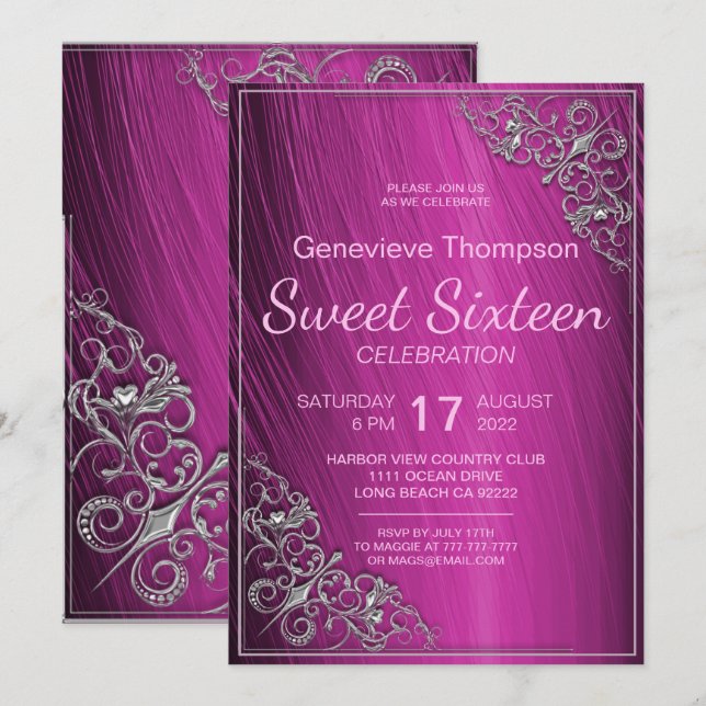 Invitation de la fête du Sweet sixteen rose glamou (Devant / Derrière)