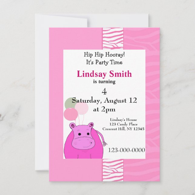 Invitation de la fête hippo rose (Devant)