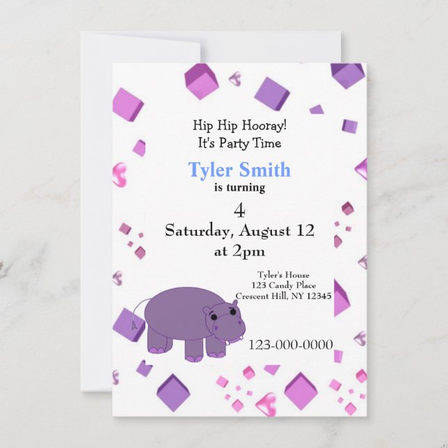 Invitation de la fête hippo violet (Devant)