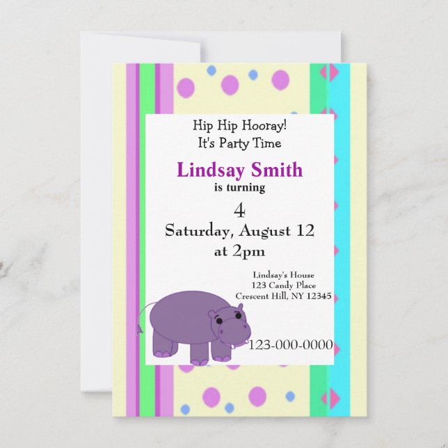 Invitation de la fête hippo violet (Devant)