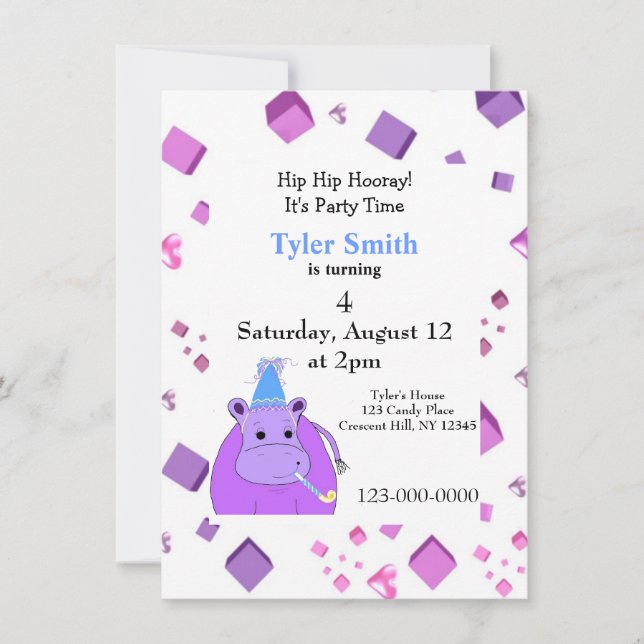 Invitation de la fête hippo violet (Devant)