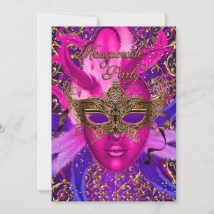 Invitation de la fête mascarade en plumes rose et 