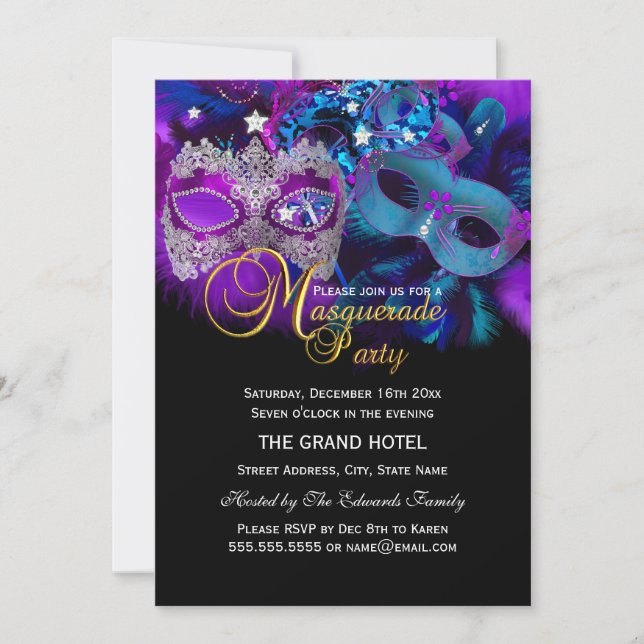 Invitation de la fête mascarade rose violet et ble (Devant)