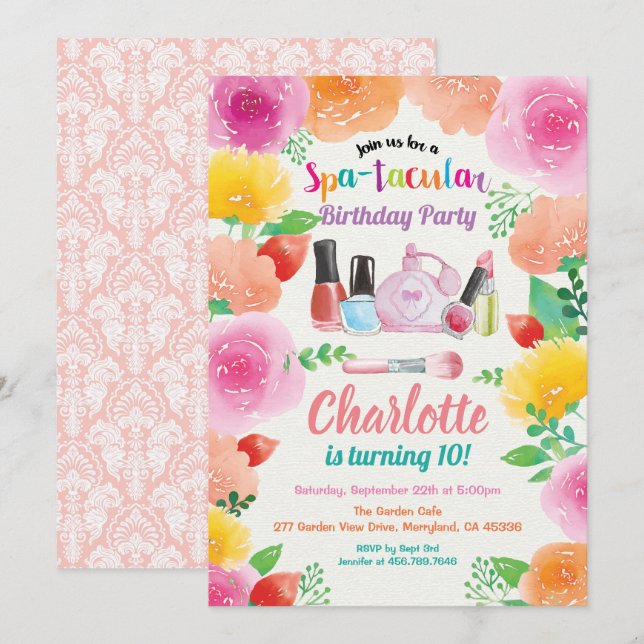 invitation de la fête spa. Fille fête d'anniversai (Devant / Derrière)