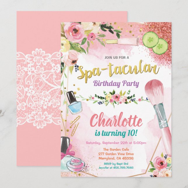 invitation de la fête spa. Fille fête d'anniversai (Devant / Derrière)