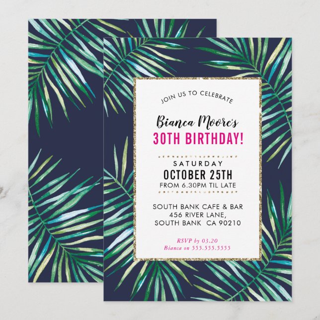 INVITATION de la fête TROPICAL aquarelle palmier f (Devant / Derrière)