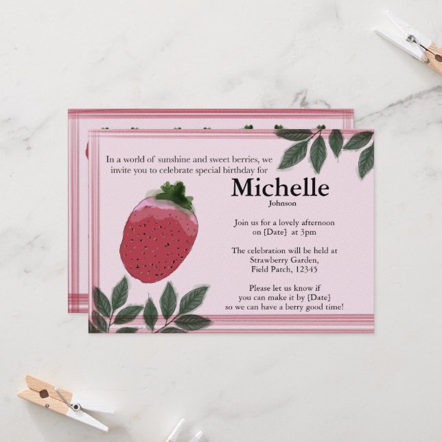 Invitation de la fête Watercolor Strawberry Field (Devant/Arrière en situation)