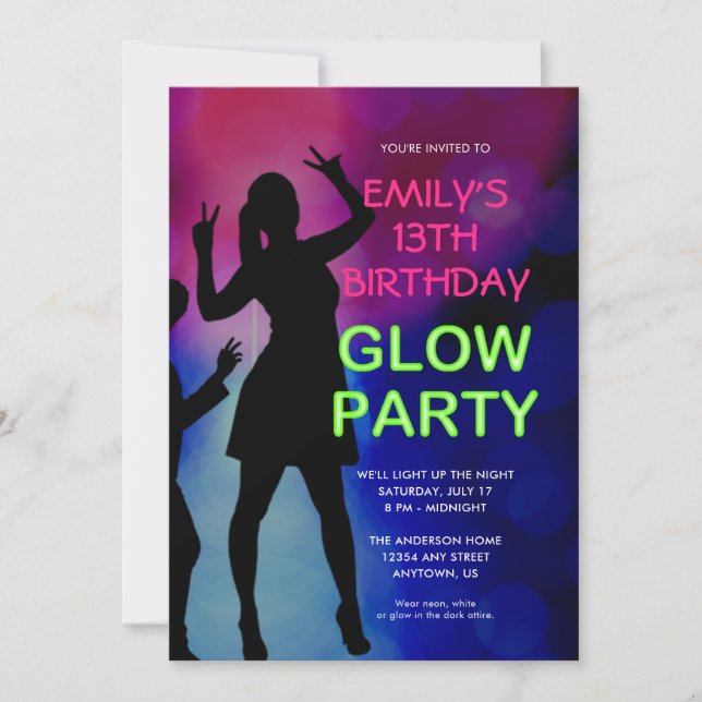 Invitation de la Fille 13e anniversaire de Glow Pa (Devant)