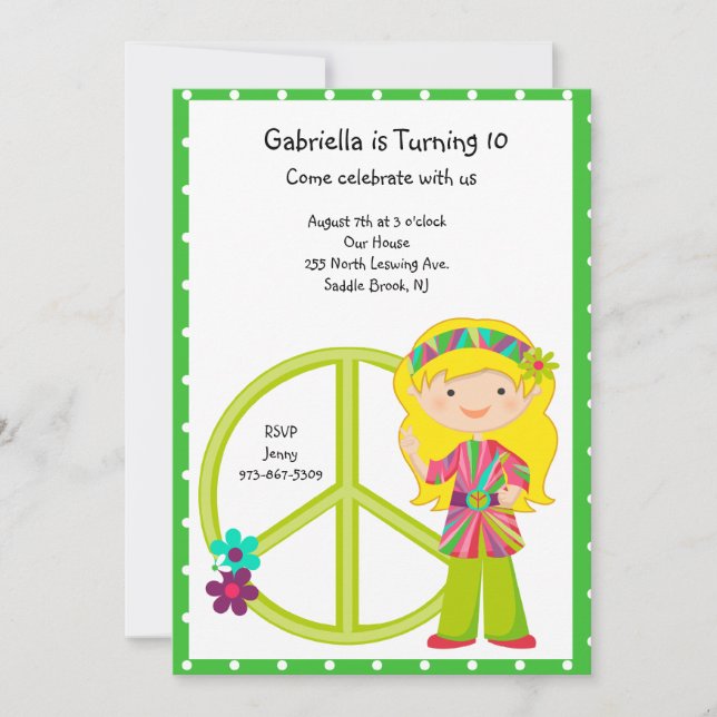 Invitation de la fille hippie aux signes de paix (Devant)