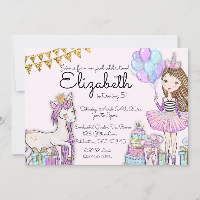 Invitation de la fille Unicorn à l'Anniversaire ro (Devant)