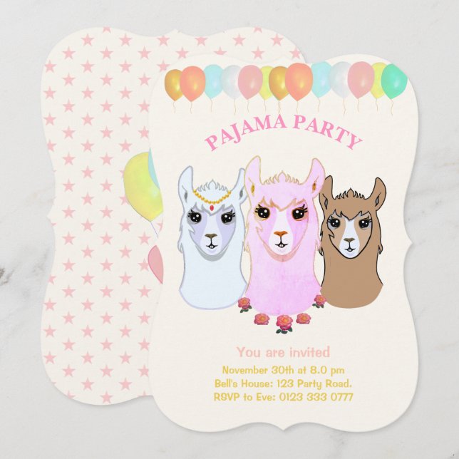Invitation de la Llama Pajama Party (Devant / Derrière)