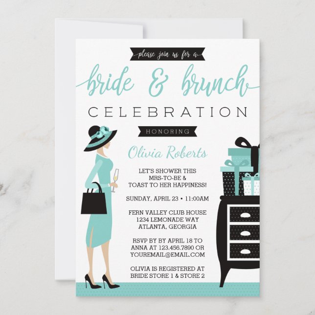 Invitation de la mariée et du brunch, bleu, noir (Devant)