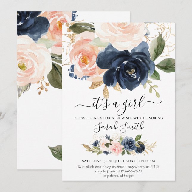 Invitation de la Marine et du Baby shower Blush (Devant / Derrière)