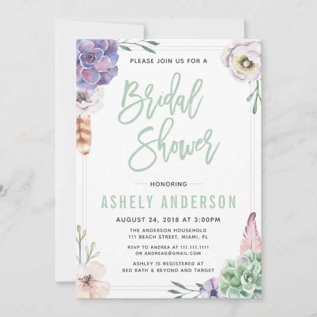 Invitation de la nuptiale de Boho Succulent du dés (Devant)