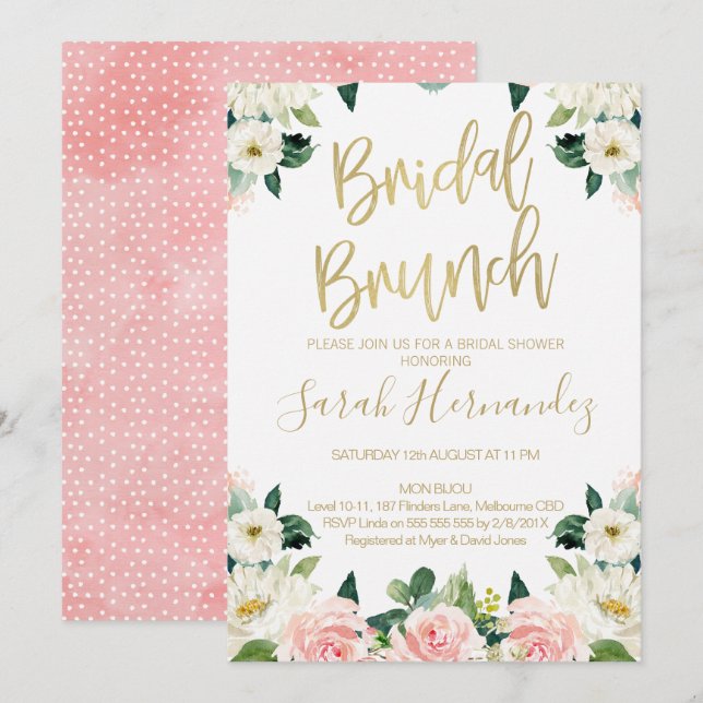 Invitation de la nuptiale de Brunch Floral rose (Devant / Derrière)
