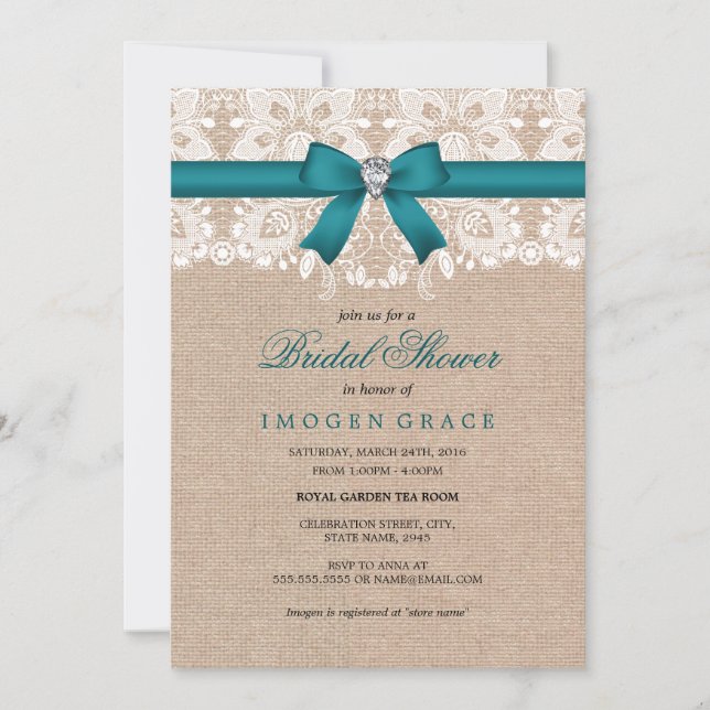 Invitation de la nuptiale Lace turquoise et Burlap (Devant)