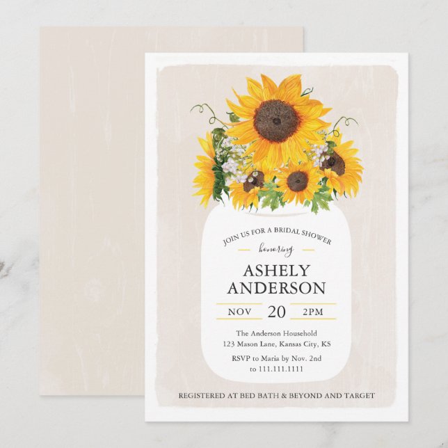 Invitation de la nuptiale Sunflower Mason Jar (Devant / Derrière)