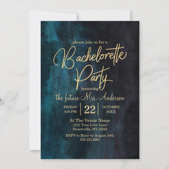 Invitation de la partie Bachelorette Bleue et Or M (Devant)