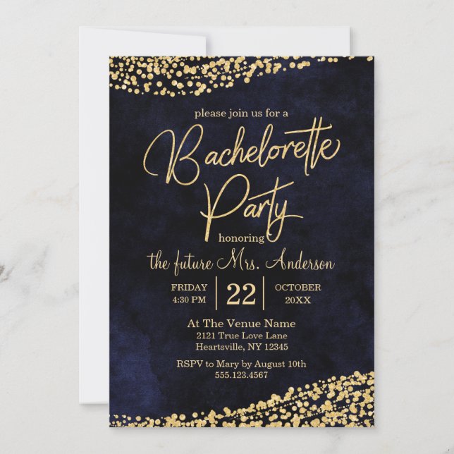 Invitation de la partie Bachelorette Bleue et Or M (Devant)