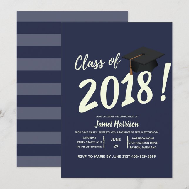 Invitation de la partie de graduation bleu marine (Devant / Derrière)